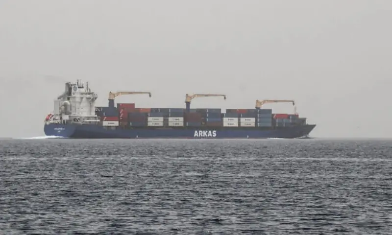 A commercial vessel passes through an international shipping lane off Yemen&rsquo;s Hanish Island in the Red Sea. -- File photo