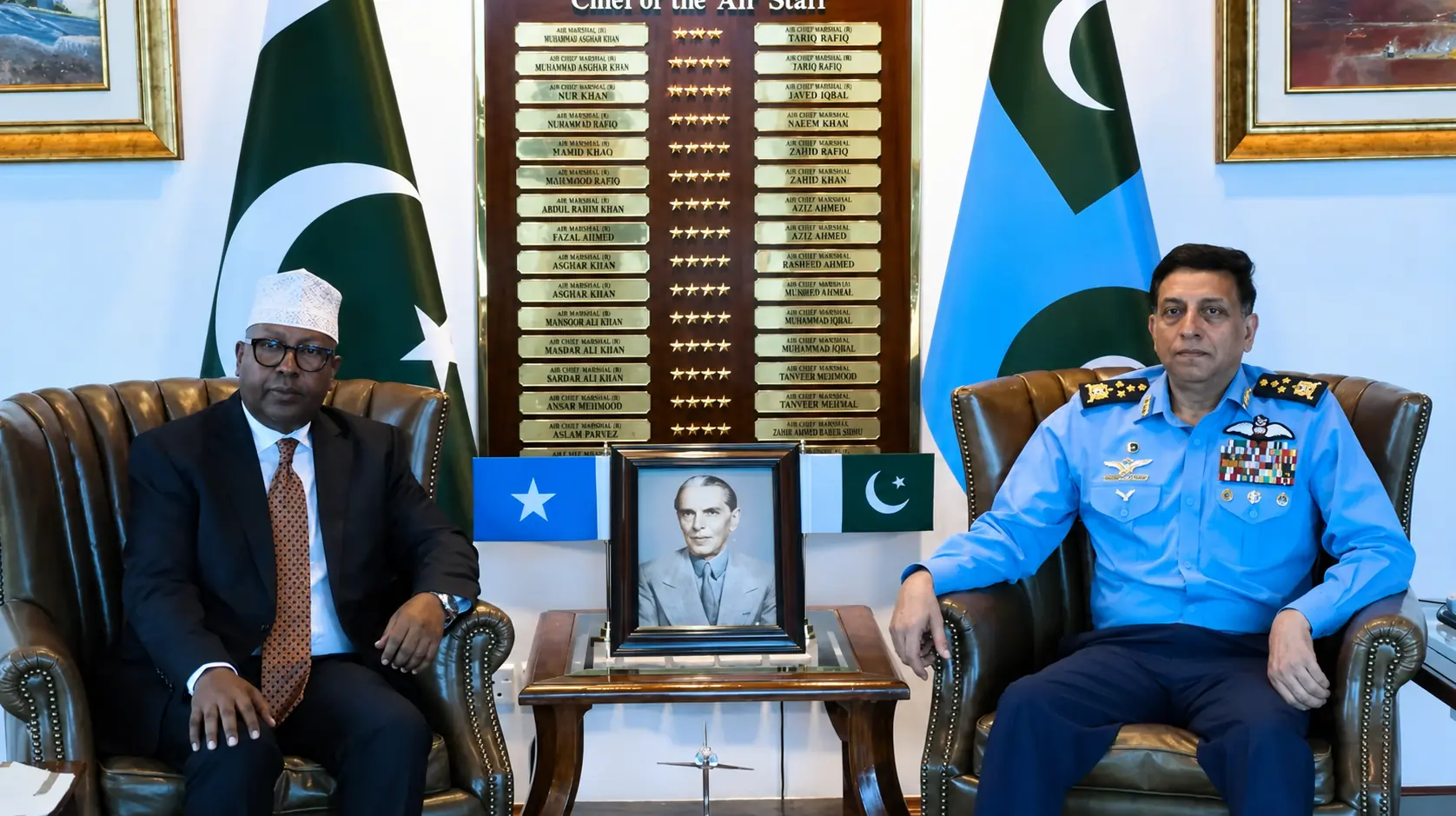 Somali Defence Minister Ahmed Moallim Fiqi and Chief of the Air Staff, Air Chief Marshal Zaheer Ahmed Baber Sidhu. Somali Defence Minister Ahmed Moallim Fiqi and Chief of the Air Staff, Air Chief Marshal Zaheer Ahmed Baber Sidhu.