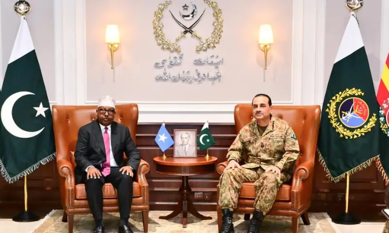 Somali Defence Minister Ahmed Moallim Fiqi and Chief of Army Staff and Chief of Defence Forces, Field Marshal Syed Asim Munir. Somali Defence Minister Ahmed Moallim Fiqi and Chief of Army Staff and Chief of Defence Forces, Field Marshal Syed Asim Munir.