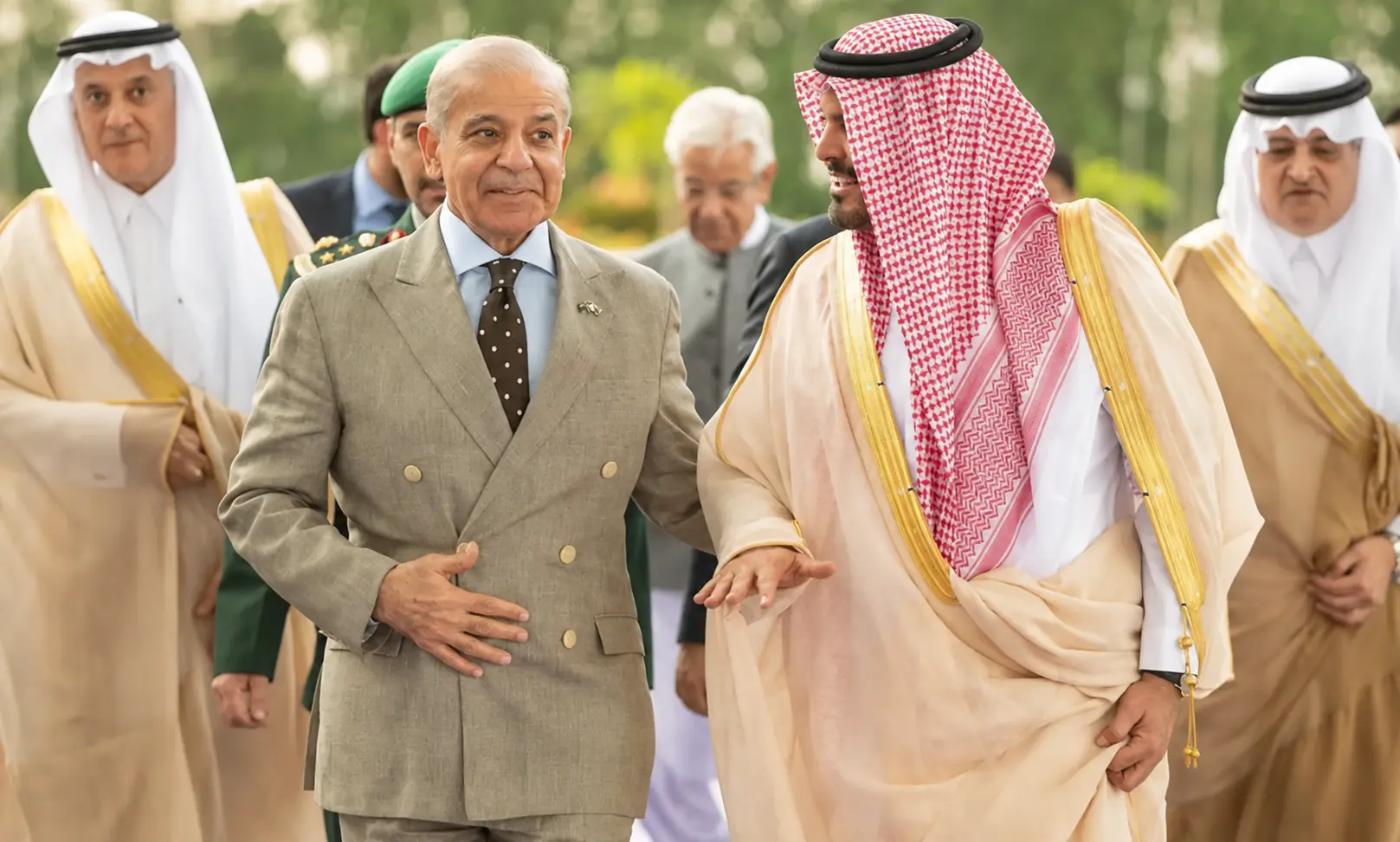 Pakistan's Prime Minister Shehbaz Sharif is received by Deputy Governor of the Mecca region, Prince Saud bin Mishaal bin Abdulaziz, upon his arrival in Jeddah, Saudi Arabia. -- Reuters
