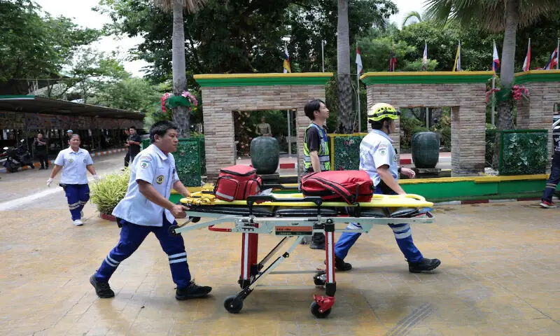 Emergency personnel work outside of Debsirin Nonthaburi School, the site of a shooting incident, in Bang Kruai district in Nonthaburi province on the outskirts of Bangkok, Thailand, on August 7, 2026. Reuters