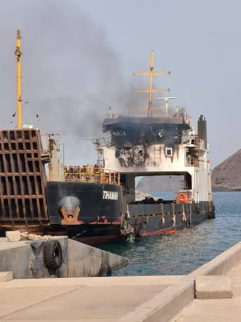 Damage on the cargo vessel Tihamah near Murad, Yemen. -- Reuters Damage on the cargo vessel Tihamah near Murad, Yemen. -- Reuters
