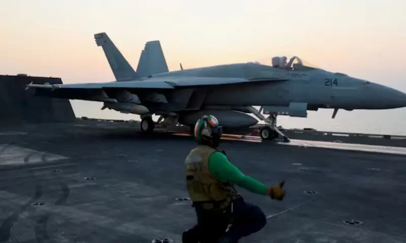 A fighter plane takes off for an operation against the Yemen's Houthis at an unidentified location in this screengrab. -- Reuters