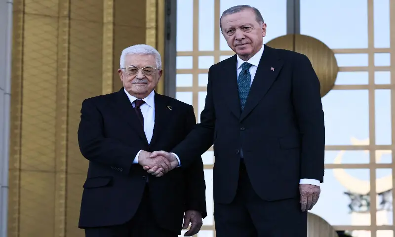 Turkish President Recep Tayyip Erdogan (left) welcomes Palestinian President Mahmoud Abbas during a welcoming ceremony at the Presidential Complex in Ankara on August 12, 2026. AFP