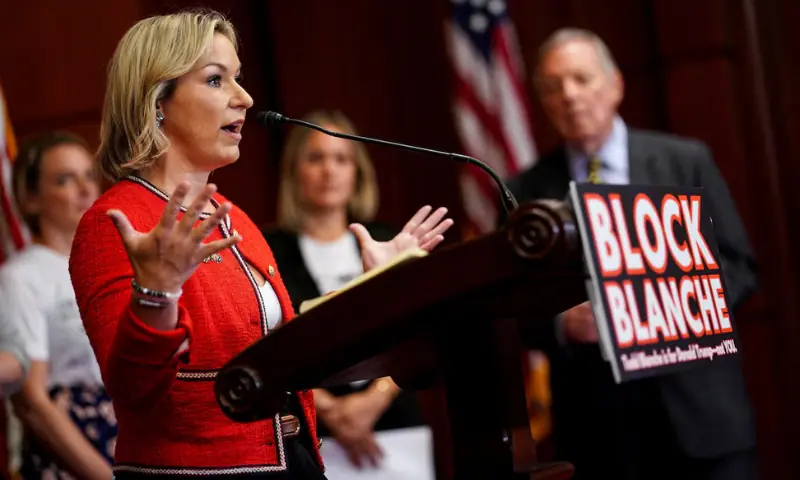 Epstein survivor Dani Bensky, during a press conference opposing acting US Attorney General Todd Blanche's confirmation to be attorney general, on Capitol Hill in Washington, DC, US. -- Reuters