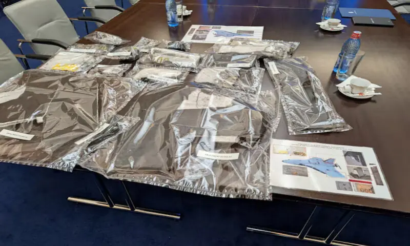 Fragments of drones downed on Romanian territory are displayed at the Romanian Foreign Ministry in Bucharest, Romania. -- Reuters file Fragments of drones downed on Romanian territory are displayed at the Romanian Foreign Ministry in Bucharest, Romania. -- Reuters file