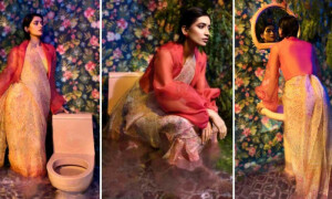 فوٹو شوٹ کو منفرد بنانے کیلئے واش روم کا استعمال، تصاویر وائرل