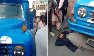 تشہیری مواد ہٹانے پر پی پی امیدوار ٹرک کے آگے لیٹ گئے