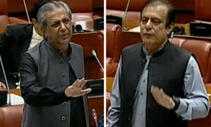 سینیٹ میں پی ٹی آئی مرکزی دفتر سیل کرنے پر حکومت اور اپوزیشن رہنماؤں میں گرما گرمی