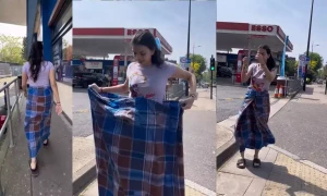 لنگی پہنی خاتون کی لندن کی سڑکوں پر اٹھکیلیاں، لوگوں نے نظریں چرالیں