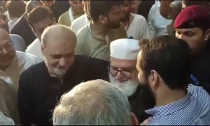 وفاقی وزیر عطا تارڑ کی جماعت اسلامی کے دھرنے میں حافظ نعیم سے ملاقات