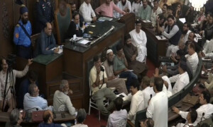 بلدیہ عظمیٰ کراچی میں بجٹ اجلاس کے دوران اپوزیشن کا احتجاج، شور شرابا