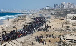 Back to the rubble: Displaced Gazans walk home through the wastelands after ceasefire