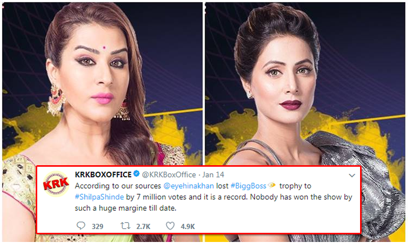 بگ باس 11: شلپا نے حنا کو 7 ملین ووٹوں سے شکست دی، کے آر کے